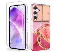 SHEDEER for Samsung A55 5G Case with Slide Camera Cover + Screen Protector, Samsung Galaxy A55 Case Glossy Shiny Stylish, Slim Fit Lightweight Shockproof Phone Case Samsung A55 5G 6.6'' Pink