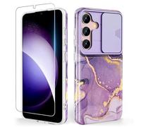 SHEDEER for Samsung S24 Case with Slide Camera Cover + Screen Protector, Samsung Galaxy S24 Case Slim Fit Lightweight, Glossy Fade-Resistant Pattern Design Phone Cover (Purple)
