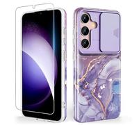 SHEDEER Samsung Galaxy S24 Case with Slide Camera Cover + Screen Protector, Slim Shockproof Anti-Scratch Protection, Fade-Resistant Glossy Design Phone Cover (Purple)