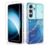 SHEDEER for Samsung Galaxy S24 Plus Case with Slide Camera Cover & Tempered Glass - Slim Shockproof Anti-Scratch Protection, Fade-Resistant Glossy Marble Design Phone Case (Blue)