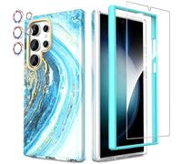 SHEDEER for Samsung S24 Ultra Case with Screen Protector + Bumper & Camera Protector, TPU Shockproof 360° Protection, Galaxy S24 Ultra Case Glossy Fade-Resistant Pattern Phone Case S24 Ultra, Blue