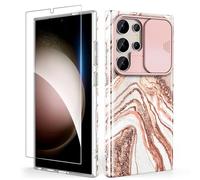 SHEDEER for Samsung Galaxy S24 Ultra Case with Slide Camera Cover & Tempered Glass - Slim Shockproof Anti-Scratch, Fade-Resistant Glossy Marble Design Phone Case (Rose gold)