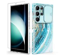 SHEDEER for Samsung S24 Ultra Case with Slide Camera Cover + Screen Protector, Samsung Galaxy S24 Ultra Case Slim Fit Lightweight, Glossy Fade-Resistant Pattern Phone Cases S24 Ultra, Blue