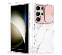 SHEDEER for Samsung Galaxy S24 Ultra Case with Slide Camera Cover & Tempered Glass - Slim Shockproof Anti-Scratch Protection, Fade-Resistant Glossy Marble Design Phone Cover (Marble)