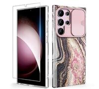 SHEDEER for Samsung Galaxy S24 Ultra Case with Slide Camera Cover & Tempered Glass - Slim Shockproof Anti-Scratch Protection, Fade-Resistant Glossy Marble Design Phone Cover (Black)