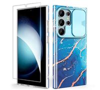 SHEDEER for Samsung S24 Ultra Case with Slide Camera Cover + Screen Protector, Samsung Galaxy S24 Ultra Case Slim Fit Lightweight, Glossy Fade-Resistant Pattern Design Phone Cover (Blue)