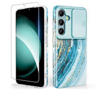 SHEDEER for Samsung S25 Case with Slide Camera Cover + Screen Protector, Samsung Galaxy S25 Case Slim Fit Lightweight, Glossy Fade-Resistant Pattern Phone Cases S25 5G, Blue
