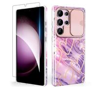 SHEDEER for Samsung S25 Ultra Case with Slide Camera Cover + Screen Protector, Samsung Galaxy S25 Ultra Case Slim Fit Lightweight, Glossy Fade-Resistant Pattern Design Phone Cover (Purple)