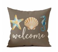 SheEasy Seaside Welcome Linen Throw Pillow Covers Coastal Decorative Cushion Cases for Couch, Bed, Sofa & Car 16x16 Inch