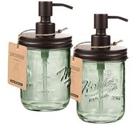 SheeChung 16Oz Mason Jar Green Glass Soap Dispenser, Stainless Steel Pump, Refillable Dish soap Dispenser for Kitchen, Bathroom Hand Soap Dispenser for Lotion, Liquid, Farmhouse Decor (Bronze, 2 Pack)