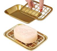 SheeChung 2 Pack Bathroom Soap Dishes Tray with Drain Metal Sponges Scrubber Holder Bar Soap Dispenser Saver for Kitchen Sink Countertops Shower Farmhouse - Rust Resistant (Gold)