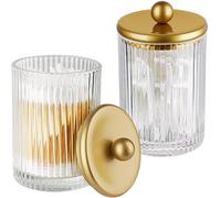 SheeChung 2 Pack Gold Ribbed Glass Qtip Holder with Metal Lids | Apothecary Jars Bathroom Organizer Countertop Vanity Canister Set for Cotton Swabs, Rounds, Floss Picks-Modern Luxury Decor