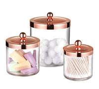 SheeChung 3 Pack Large Plastic Apothecary Jars with Rose Gold Metal Lids | 50oz, 25oz & 15oz Acrylic Storage Set -Laundry Room & Bathroom Organizer - Modern Minimalist Chic Decor