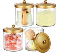 SheeChung 4 Pack 50 Ounce Large Apothecary Jar with Gold Rust-Proof Lid | Shatterproof Plastic Storage Canister - Modern Luxury Bathroom Vanity & Laundry Room Organizer for Pods, Bath Salts