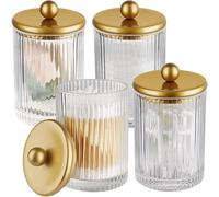SheeChung 4 Pack Gold Ribbed Glass Qtip Holder with Metal Lids | Apothecary Jars Bathroom Organizer Countertop Vanity Canister Set for Cotton Swabs, Rounds, Floss Picks-Modern Luxury Decor