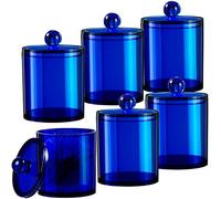 SheeChung 6 Pack Qtip Dispenser Apothecary Jars Bathroom with Labels - Qtip Holder Storage Canister Clear Plastic Acrylic Jar for Cotton Ball,Cotton Swab,Cotton Rounds,Floss Picks, Hair Clips (Blue)