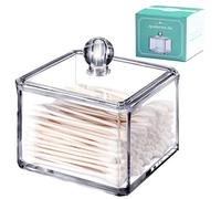 SheeChung Modern Square Acrylic Qtip Holder - Clear Apothecary Jar with Lid - Bathroom Vanity Storage Canister for Cotton Swabs, Balls, Pads - Compact Makeup Sponge Organizer