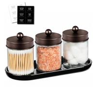 SheeChung Qtip Dispenser Holder 3pcs, Glass Apothecary Jars with Acrylic Vanity Tray, Countertop Canister Guest Bathroom Essentials Storage Organizer for Cotton Swabs/Balls, Floss Picks(Bronze)