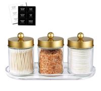 SheeChung Qtip Dispenser Holder 3pcs, Glass apothecary jars with Acrylic Vanity Tray, Countertop Canister Guest Bathroom Essentials Storage Organizer for Cotton Swabs/Balls, Floss Picks(Gold)