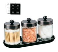 SheeChung Qtip Dispenser Holder 3pcs, Glass apothecary jars with Acrylic Vanity Tray, Countertop Canister Guest Bathroom Essentials Storage Organizer for Cotton Swabs/Balls, Floss Picks(ORB)