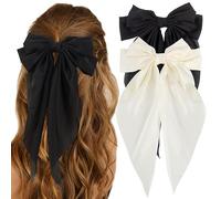SHEEN 2 PCS Big Bow Hair Clips with Long Silky Satin, Solid Color French Barrette Simple Hair Fastener Accessories for Women Girls (BLACK & WHITE)