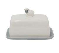 Sheep Butter Dish with Lid, 18cm Grey & White Farmhouse Ceramic Butter Container with Sheep Lid Design