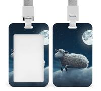 Sheep Flying Over The Moon ID Badge Holder with Lanyard - Hard Plastic ID Card Holder Waterproof Name Tag Holders, Heavy Duty Badge Reel Vertical Card Protector for Office Nurse Teacher