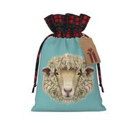 Sheep Head Retro Animal Christmas Drawstring Linen Gift Bag Paired With Scottish Plaid Fabric, With A Delicate And Simple Texture