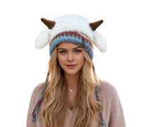 Sheep Horn Beanie Hat for Women Girls, Cozy Cute Winter Warm Slouch Knit Hat Thicked Plush Lined with Ear Flaps, Windproof Snowproof Thermal Earflap Cap Outdoor Sport Ski for Christmas White