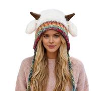 Sheep Horn Beanie Hat for Women Girls, Cozy Cute Winter Warm Slouch Knit Hat Thicked Plush Lined with Ear Flaps, Windproof Snowproof Thermal Earflap Cap Outdoor Sport Ski for Christmas Beige