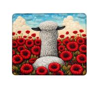 Sheep in Poppy Field Mouse Pad, Colorful Red Flowers Edged Gaming Mousepad, Rubber Non-Slip Washable Computer Pad for Home and Office Use Square 8x10 Inch