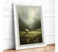 Sheep in Silent Valley Romantic Framed Wall Art Print A2 (59.4×42cm) White, Wall Decor for Living Room, Bedroom, Office & Home, Ready to Hang, Art Gift