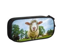 Sheep Looking Camera Large Capacity Double Layer Pencil Case,Customizable Full Print Polyester Fabric Organizer-School, Office, Travel Makeup Pouch