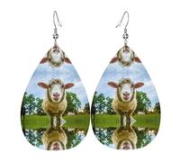Sheep Looking Camera Printed Teardrop Pendant Leather Earrings | Lightweight and Versatile Earrings | Suitable for Daily Commute and Date Wear
