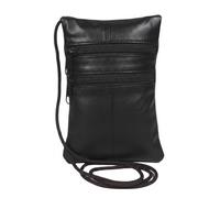 Sheep Nappa Triple Zip Neck Purse Soft Leather Crossbody Mini Bag with 3 Secure Zip Pockets, 16.5 x 11.5 cm, Black