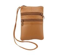 Sheep Nappa Triple Zip Neck Purse - Soft Leather Crossbody Mini Bag with 3 Secure Zip Pockets, 16.5 x 11.5 cm tan