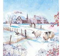 Sheep On Wintery Lane in Countryside - Pack of 6 Festive Art Xmas Charity Christmas Cards by Ling Design