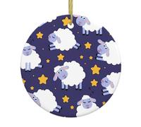 Sheep Print Christmas Tree Ceramic Hanging Decorative Ornaments – Round Keepsake for Xmas, Home Party, Holiday