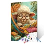 Sheep Reading In A Hammock Paint By Numbers Bohemia Botanical Farm Animal Paint By Number Kit For Adult, Colorful Books On Canvas With Brushes And Acrylic Pigment 16''W X 20''H (Without Framed)