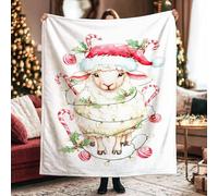 Sheep Throw Blanket, Christmas Fanciful Candy Cane Xmas Lights Red Plush Blanket Lightweight Compact Aesthetic for Couch Sofa Bed Office Desk Living Room 60x80 Inch