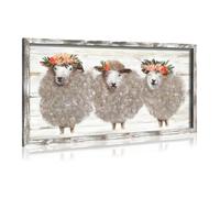 Sheep Wall Art Wooden Framed: Rustic Picture Farm Fluffy Cute Animal Countryside Flower Crown Print Funny Modern Artwork for Farmhouse Bedroom Dining Room Office Kitchen