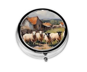 SheepPastoralScene Cute Pill Organizer - AM PM Pill Box, Small & Large Travel Pill Case, Unique Custom Design, Iron Plating, Perfect for Purse and On-The-Go