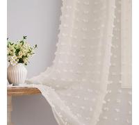 Sheer Beige Curtains 90 Inches Long 2 Panels for Bedroom Living Room Boho Farmhouse Natural Semi Sheer Curtain Nursery Pom Pom Tufted Pattern Drapes Country Rustic Decor Back Tab 52x90 Light Beige