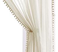Sheer curtains, tassel trim, Barry M style, light and linen samples, solid color, pencil pleated curtains, for home or accommodation, set of 2.(Natural Linen,W 52" x L 54" (2 Panels))