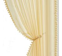 Sheer curtains, tassel trim, Barry M style, light and linen samples, solid color, pencil pleated curtains, for home or accommodation, set of 2.(Yellow,W 52" x L 54" (2 Panels))