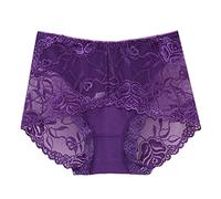 Sheer High Waisted Underwear for Women Embroidery Lace Bikini Panties Soft Breathable Butt Lifting Thongs Plus Size Sheer Mesh Clear Sexy Mesh High Waist Briefs Purple