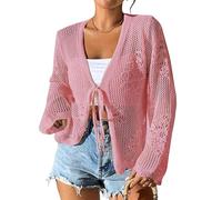 Sheer Hollow Knit Cardigan for Women's,Tie Front Crochet Floral Knitted Sweater Loose Casual Lightweight Short Outwear Solid Casual Sunscreen Top,Pink,S