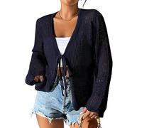 Sheer Hollow Knit Cardigan for Women's,Tie Front Crochet Floral Knitted Sweater Loose Casual Lightweight Short Outwear Solid Casual Sunscreen Top,Navy Blue,XL