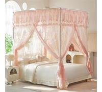 Sheer Jacquard Lace Canopy Bed Curtains with 4 Corner Posts, Elegant Dustproof Top Cover for Bedroom Decor, Queen Size, Romantic Pink