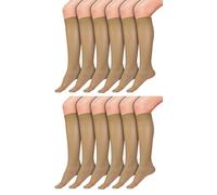 Sheer Knee High Socks, 6 Pairs 20D Premium Silky Soft Nylon Stockings Control Top Reinforced Toe, (12 Pairs) Beige/Nude, One size